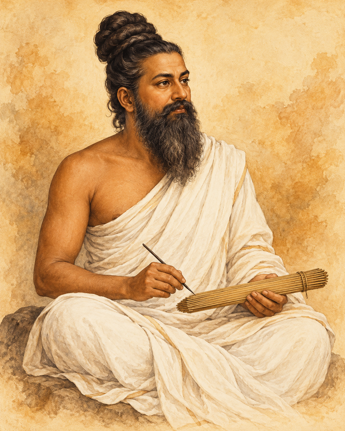Illustration of Thiruvalluvar holding a palm-leaf manuscript and stylus
