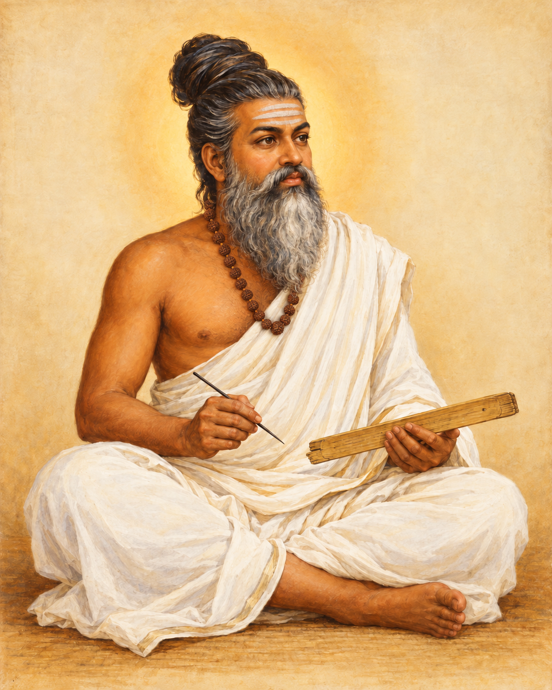 Illustration of Thiruvalluvar holding a palm-leaf manuscript and stylus