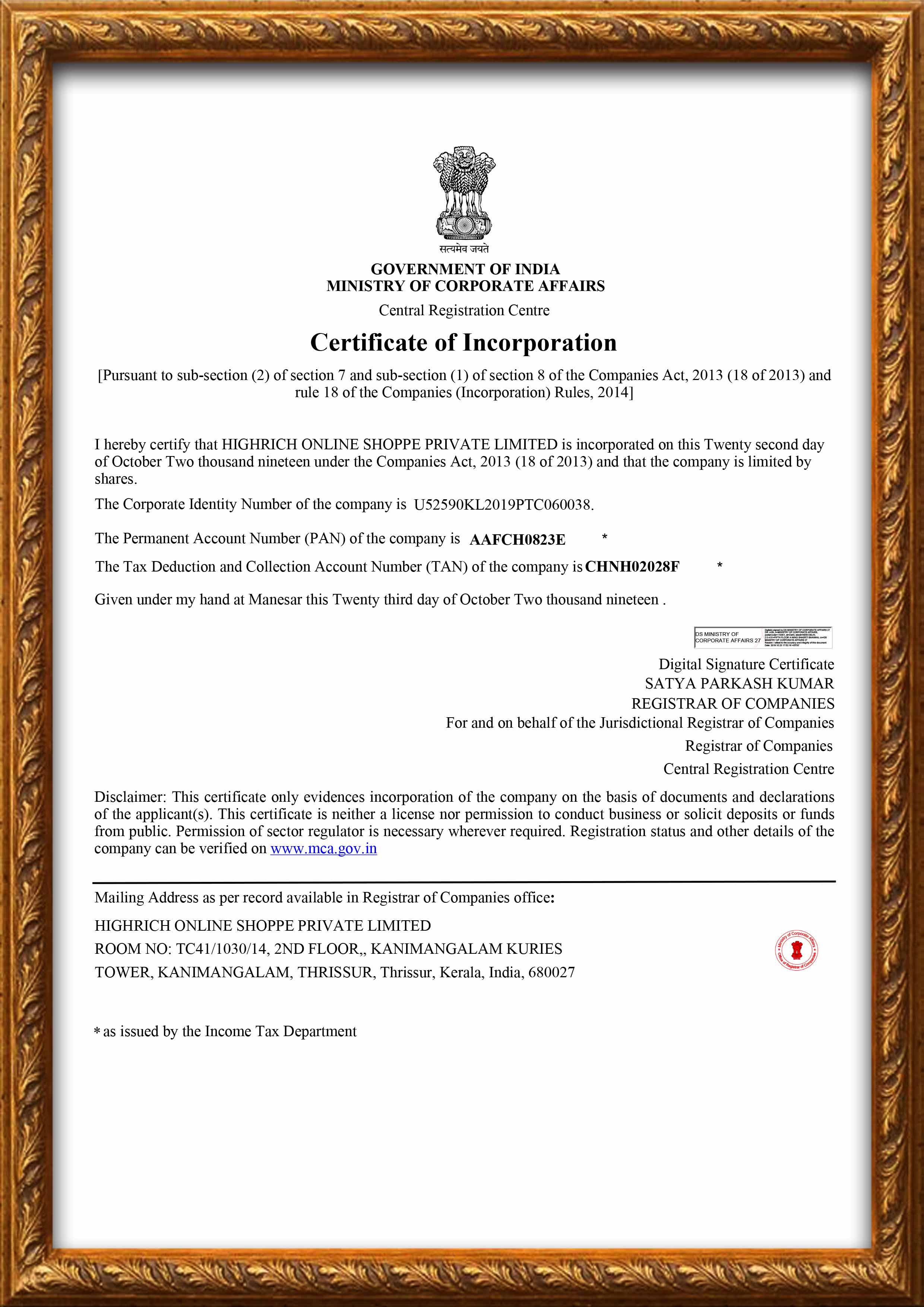 Posnic company incorporation certificate